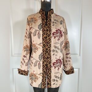Laura Ashley Petite Floral Tapestry Jacket w/ Leopard Trim Open Front PM